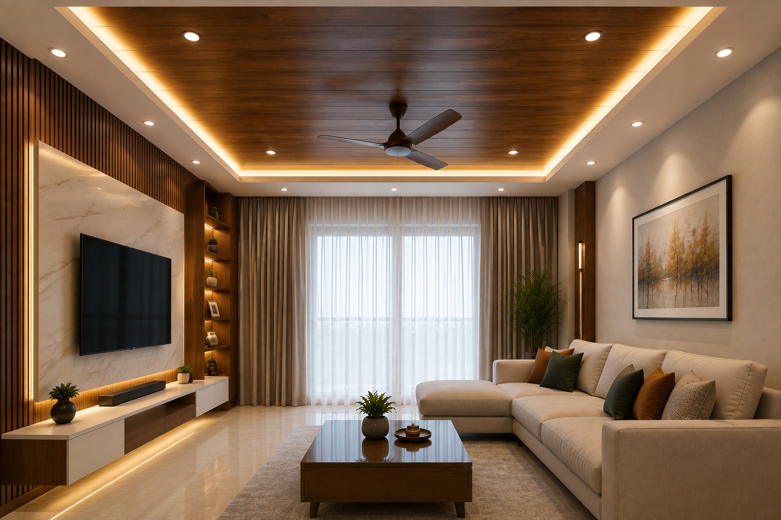 Modern wooden accent false ceiling design with warm lighting