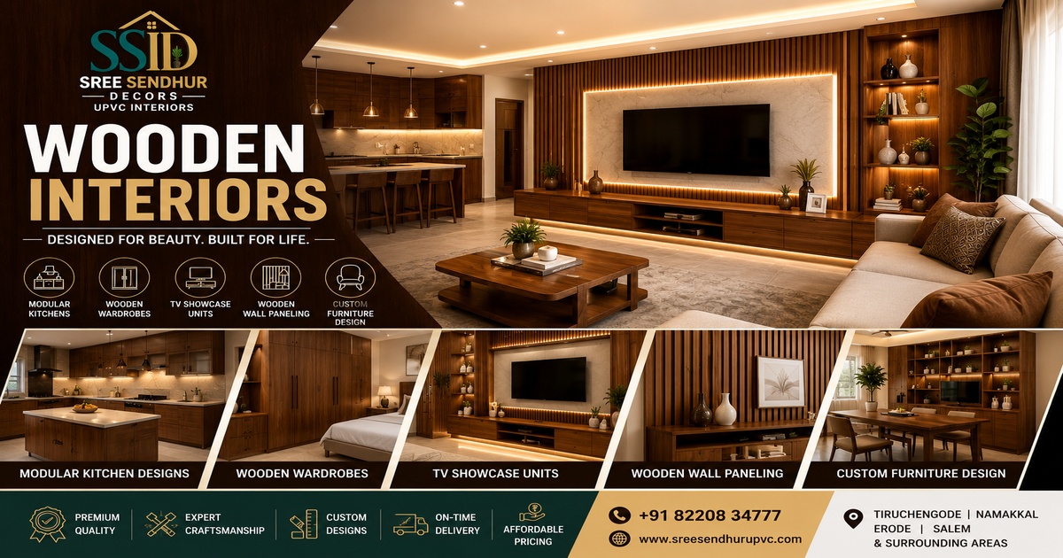 Wooden interior design with modular kitchen, wooden wardrobes, TV showcase units and wall paneling