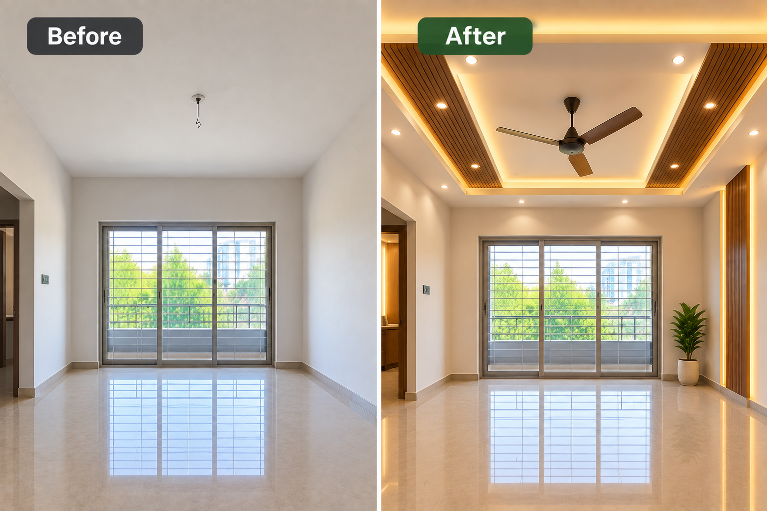 Before and after false ceiling transformation showing a plain living room ceiling upgraded with modern cove lighting and recessed lights