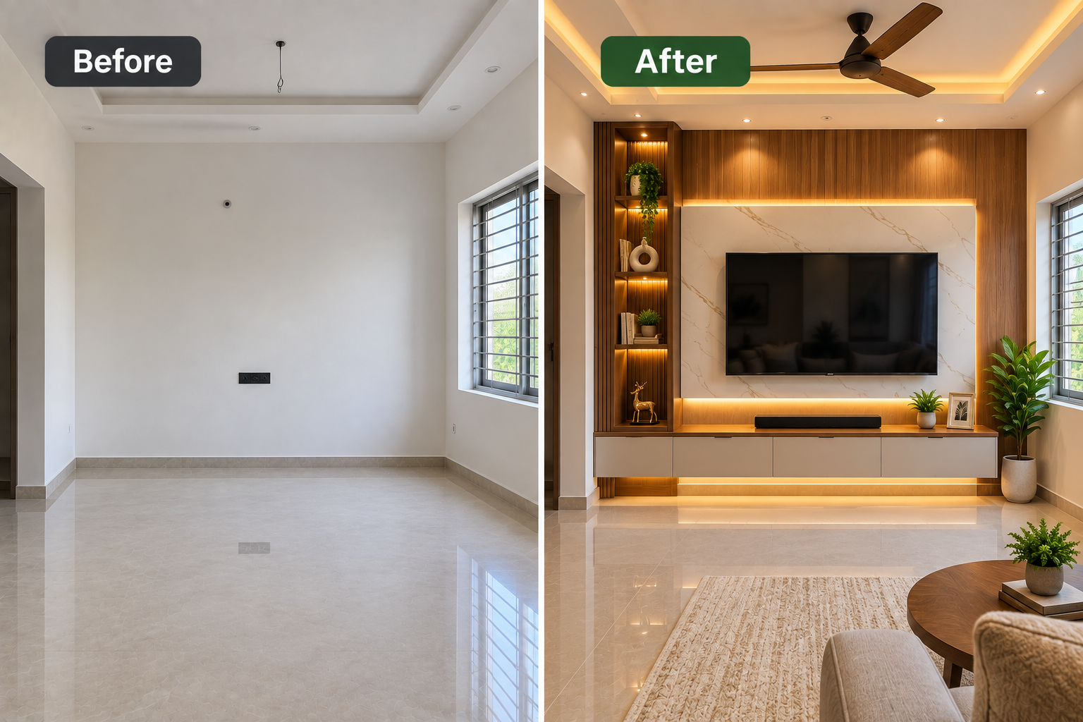 Before and after TV unit design transformation showing an empty wall converted into a modern TV unit with wood panels and LED lighting