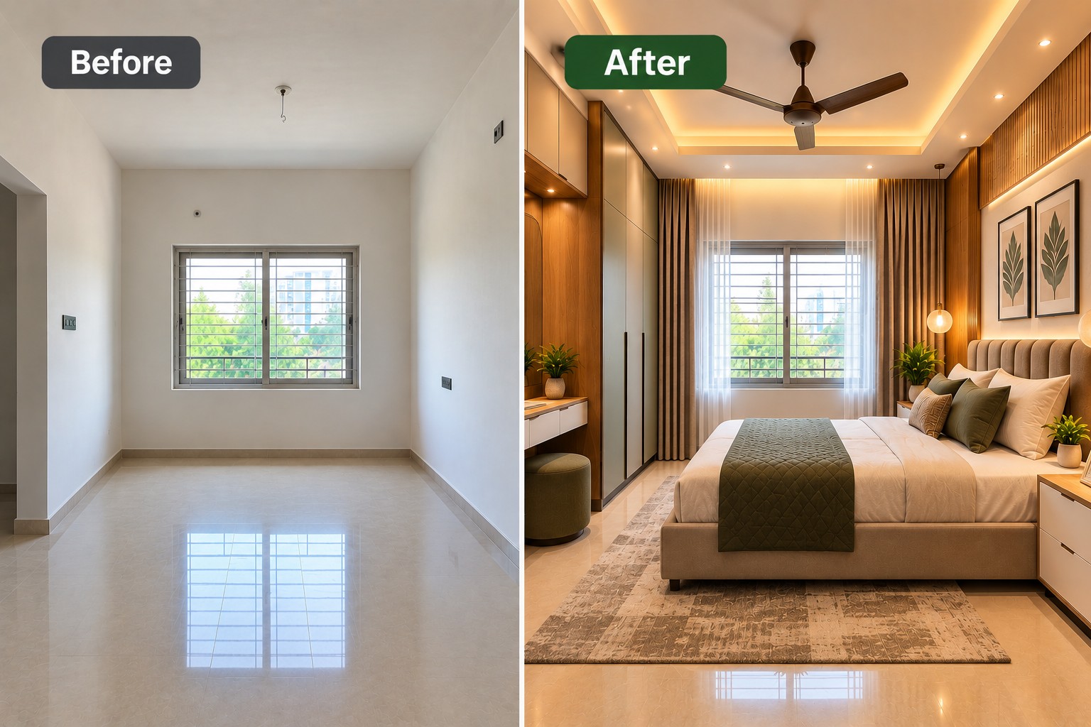 Before and after bedroom interior design transformation showing an empty bedroom converted into a modern stylish bedroom