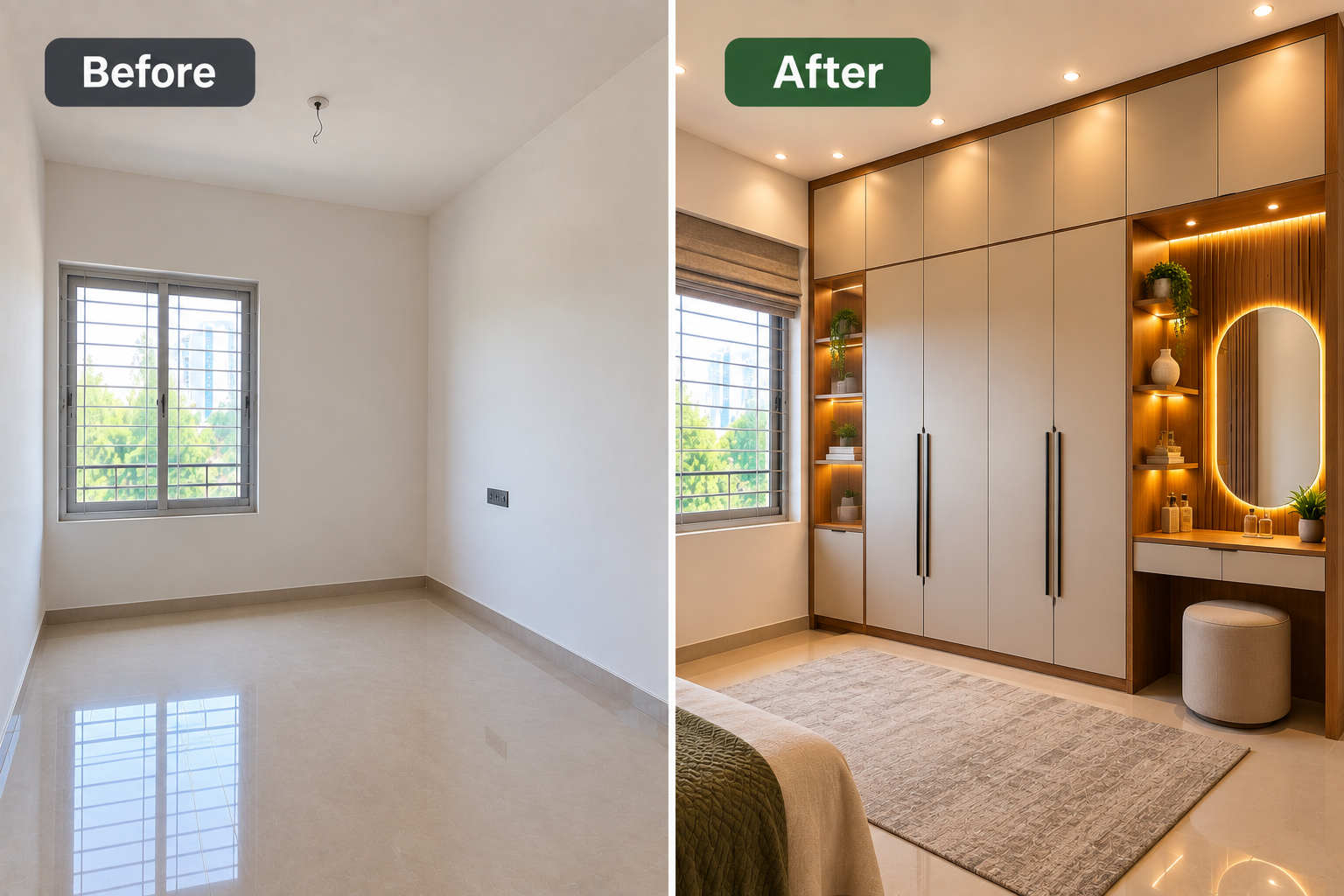 Before and after wardrobe transformation showing an empty bedroom space converted into a modern built-in wardrobe and dressing area