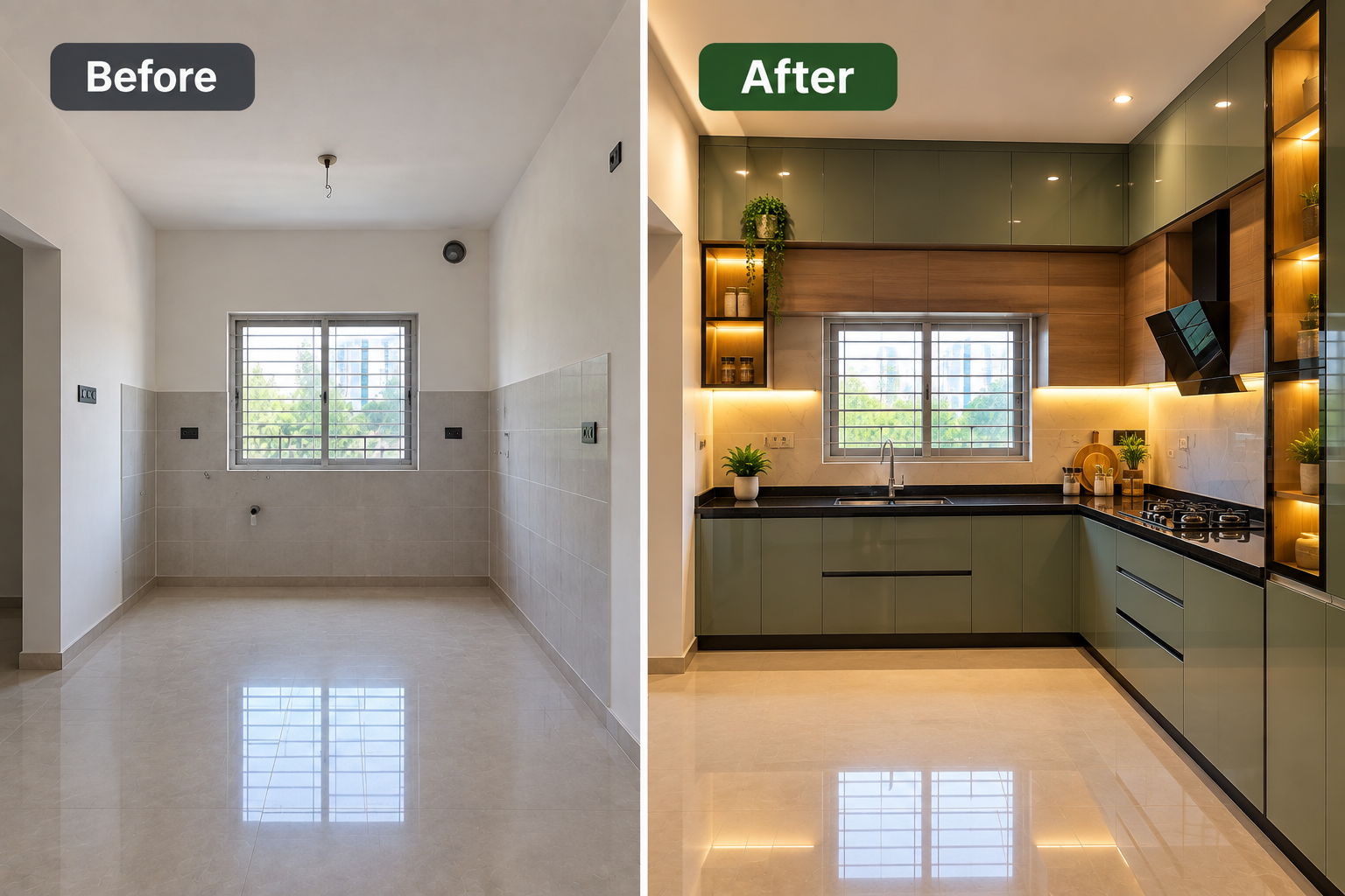 Before and after modular kitchen transformation showing an unfinished kitchen converted into a modern L-shaped modular kitchen