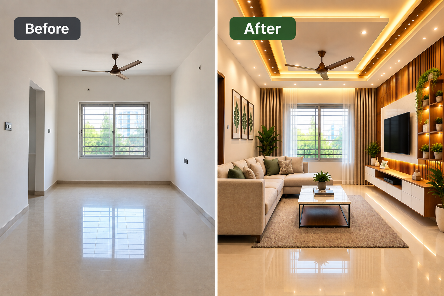 Before and after living room interior design transformation with modern furniture, TV unit, false ceiling and lighting