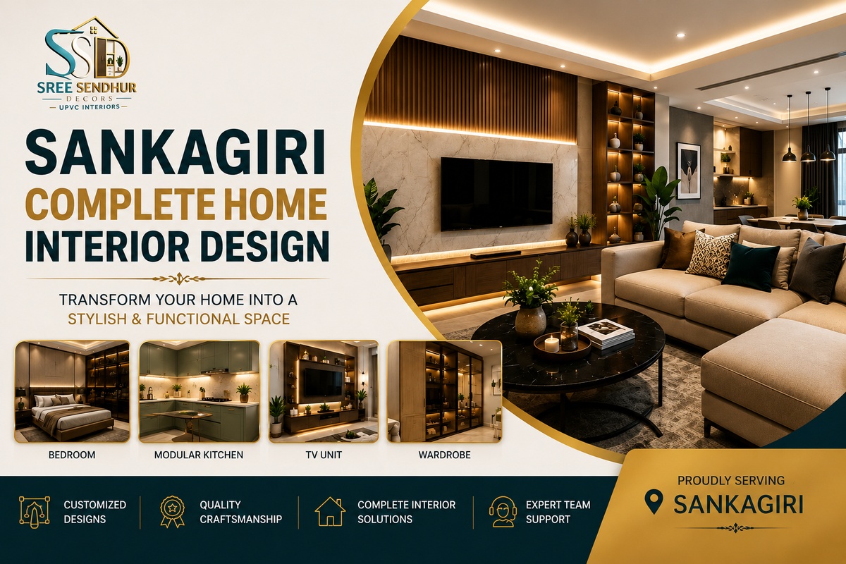 Sankagiri complete home interior design with modern living room, bedroom, modular kitchen, TV unit and wardrobe