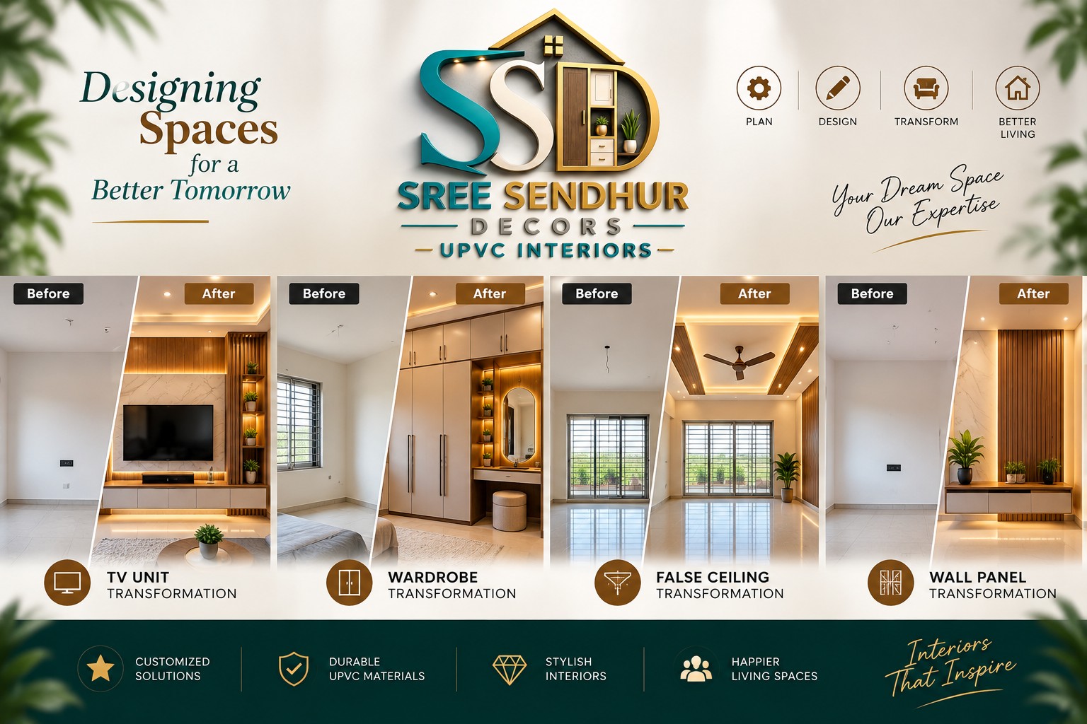 Before and after complete home interior design transformation featuring modern TV unit, wardrobe, false ceiling and wall panel designs
