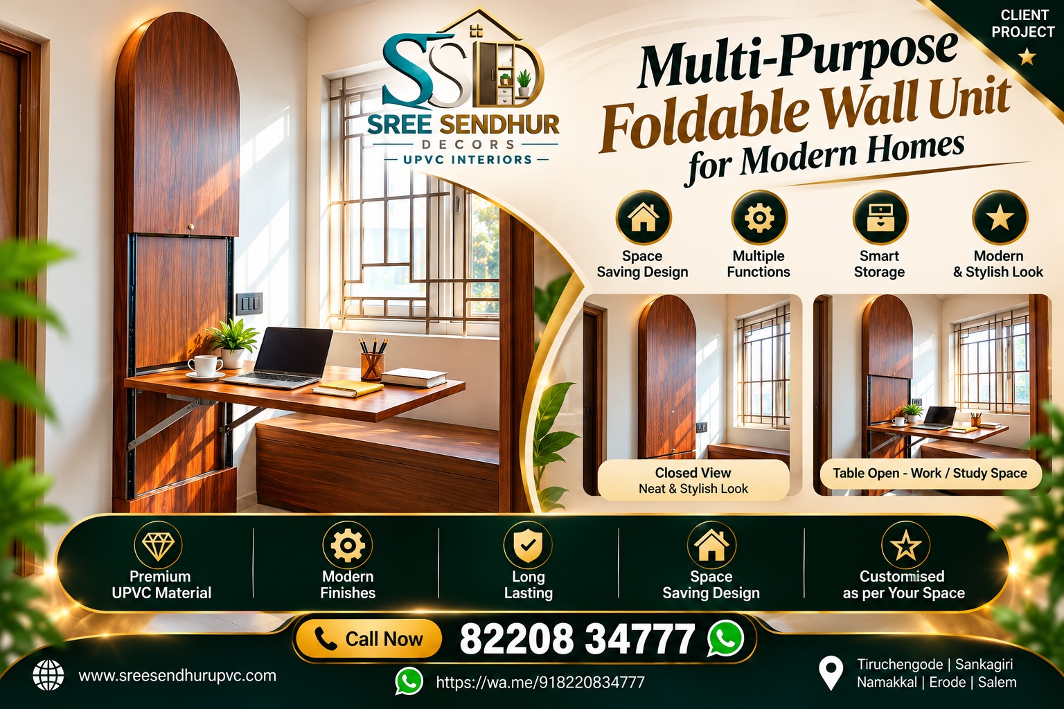 Multi-purpose foldable wall unit with space-saving study table design by Sree Sendhur Decors